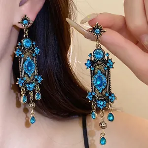 Vintage Boheemse Legering Blauwe Strass Kwastje Oorknopjes Voor Vrouwen Retro Waterdruppel Ovale Hanger Oorbellen 925 Sterling Zilver Stift