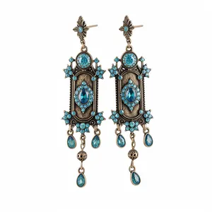 Boucles d'Oreilles Clous Gland en Alliage Strass Bleu Vintage Bohême pour Femmes Rétro Boucles d'Oreilles Pendantes Goutte Ovale Tige Argent Sterling 925