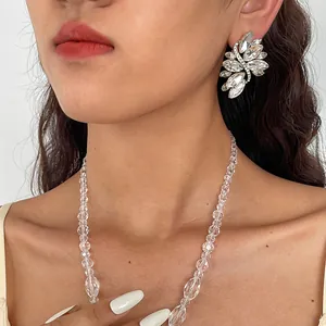 Detailweergave van de ketting met kristallen kralen en blad-oorbellen bij een model