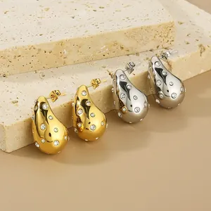 Fashion Women Teardrop Stud Earrings Stainless Steel Inlaid Rhinestone Hollow Water Drop Earrings Elegant Western Jewelry