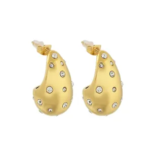 Fashionable gold-plated stainless steel hollow teardrop earrings with sparkling rhinestones
