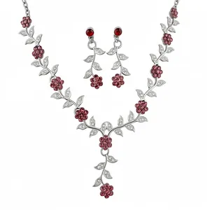 Palace Style Copper Zirconia Leaf Flower Jewelry Set For Women Vintage Luxury Clavicle Necklace Earrings Set 925 Silver Post Wedding Party Accessories