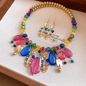 Conjunto de Joyas de Estilo Bohemio Con Collar de Vidrio Con Diamantes de Imitación y Pendientes de Gancho Joyas Con Cuentas