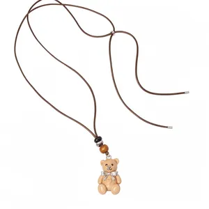Simpatica Collana Con Ciondolo a Orso in Resina Con Corda in Pelle Perline in Legno Fiocco Dolce Catena da Maglione Gioielli Donna