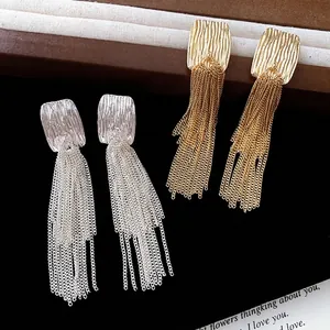 Minimalist Metal Pleated Double Layer Tassel Stud Earrings For Women Niche Design Temperament Long Dangle Jewelry Gift
