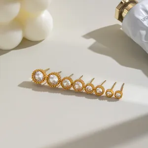 Orecchini a Bottone in Acciaio Inossidabile Zirconia Vintage Placcati Oro 18K Tondi Geometrici Gioielli Donna