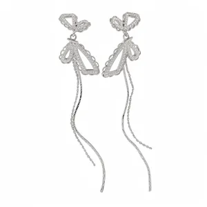 Silver Color Hollow Out Butterfly Tassel Stud Earrings With Silver Earring Post Alloy Rhinestone Artificial Pearl Elegant Jewelry For Women
