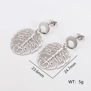 Detailed view of silver stainless steel monstera leaf earrings with 5g weight info