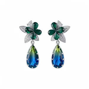 Nische Luxus Verlauf Wassertropfen Strass Blume Ohrstecker Silber Ohrringpfosten High-End Mode Tropfen Ohrringe Schmuck Für Damen