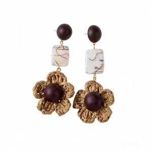 Vintage Bohemian Handmade Wood Shell Raffia Flower Drop Earrings Silver Earring Post Ethnic Dangle Earrings For Women