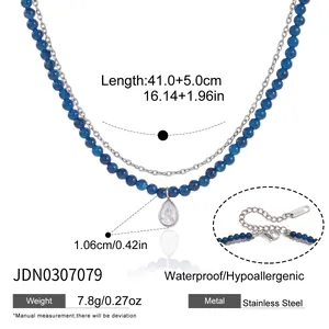 Stainless steel double layer necklace with waterdrop zircon pendant and blue beads