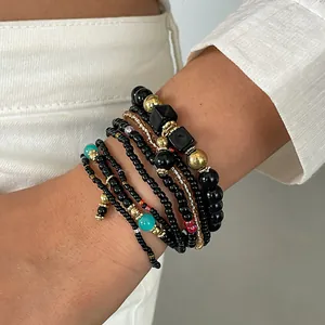 Dames Punk Donkere Stijl Glas Legering Kralen Armband Meerlagig Elastisch Hand Sieraden Goud Zwart Armring Voor Feest Dagelijks