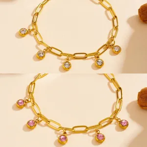 Edelstahl PVD Vergoldete Büroklammerkette Halskette Armband Schmuck Set Für Damen Mit Runden Strass Anhängern Wasserdichter Schmuck