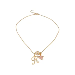 Collier Pendentif Lettre R en Zirconia Plaqué Or 18K Choker Coeur Rose Planète pour Femme Bijou en Cuivre Élégant Cadeau