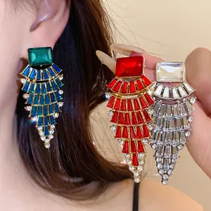 Oversized Vierkante Waaiervormige Oorknopjes Legering Strass Hanger Oorbellen Met Zilveren Stift Geometrische Statement Sieraden Voor Vrouwen