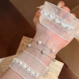 Koreanischer Stil Künstliche Perlen Strass Armband Für Damen Elegante Spitze Gaze Perlenarmband Mode Schmuck Armband