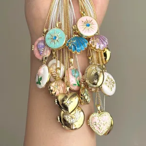 Stainless Steel Copper Locket Necklace With Rhinestone Drip Oil Butterfly Sun Moon Flower Openable DIY Photo Pendant Necklace For Women