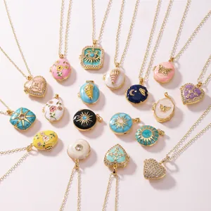 Collection of colorful enamel locket necklaces with zircon and bohemian motifs