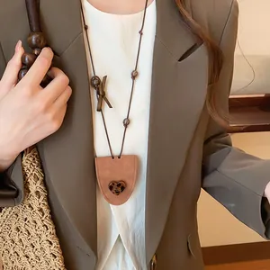 Korean style brown leather triangle glasses holder necklace with leopard heart charm