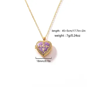 Detailed view of purple heart locket necklace with specific size and weight specifications