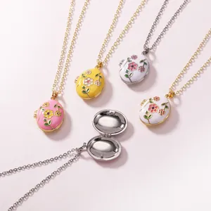 Stainless steel enamel floral locket necklaces with openable DIY photo compartment for women.