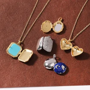 Assorted openable stainless steel locket necklaces featuring star moon and CZ stone details