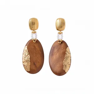 Vintage Ethnic Wood Pendant Earrings Artificial Pearl Square Gold Geometric Oval Handmade Retro Jewelry For Women