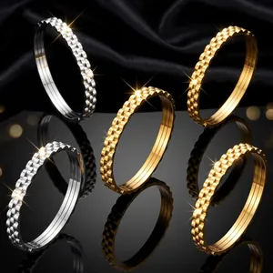 Stainless Steel Triple Layer Gear Texture Bangle Bracelet For Women Real Gold Plated Industrial Style Watch Band Design Fashion Jewelry