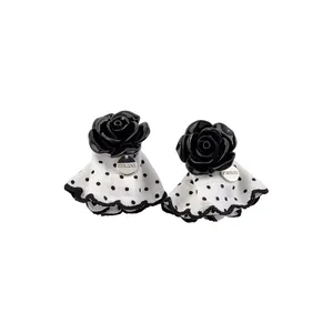 Korean Fashion Black Rose Floral Skirt Stud Earrings Silver Earring Post Fabric Resin Polka Dot Ruffle Earrings For Women