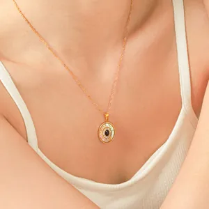 Vintage Roestvrij Staal Obsidiaan Hanger Ketting Voor Vrouwen Goud Abalone Schelp Strass Ingelegde Retro Sieraden