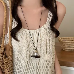 Bohemian retro geometric wood pendant necklace on black cord for women