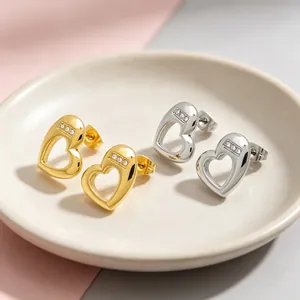 Fashion Stainless Steel 3D Hollow Heart Stud Earrings Rhinestone Embellished Glossy Heart Earrings For Women Jewelry Gift