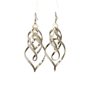 Elegant silver twisted diamond dangle earrings with glittery texture and ear hooks