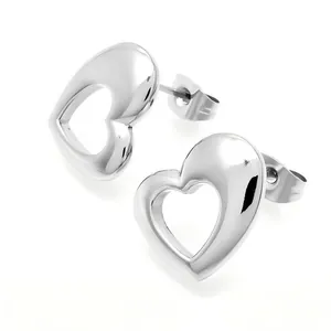 Elegant silver titanium steel hollow heart stud earrings with a sleek polished finish.
