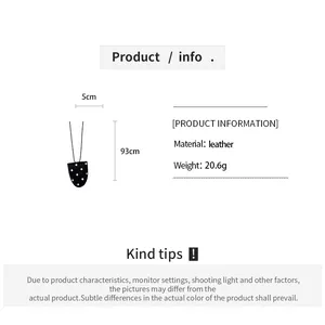 Polka dot leather eyeglass clip necklace details with material and size information.