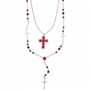 Ensemble de Colliers Pendentif Croix en Résine Rouge Gothique Européen Chaîne de Pull Multirang Perlée Bijoux pour Femmes Style Cool
