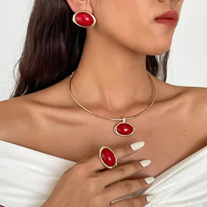 Retro Ovaal Hars Gemarmerd Sieraden Collectie Voor Vrouwen Goud Verguld Legering Choker Halsketting Oorknopjes Open Ring Minimalistische Sieraden