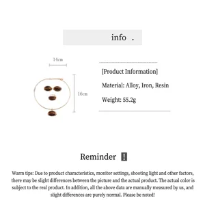 Detailed size specifications of the retro resin marbled necklace, earrings, and ring jewelry set.