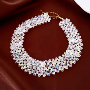 French Vintage Geometric Multi-Layer Glass Beaded Necklace For Women Gold Plated Copper AB Rainbow Color Choker Chain Jewelry