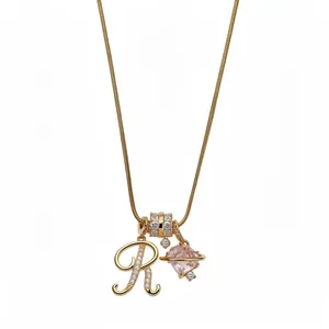 18K Echt Goud Verguld Koper Zirconia Letter R Hart Saturnus Hanger Halsketting Voor Vrouwen Elegant Zoet Roze Sleutelbeenketting Sieraden