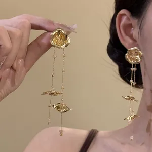 European American Fashion Copper Metal Flower Tassel Stud Earrings For Women Silver Earring Post Light Luxury Drop Earrings Jewelry