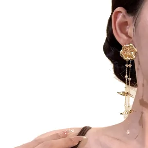 Elegant gold metal flower tassel drop earrings for women stylish fashion jewelry accessories