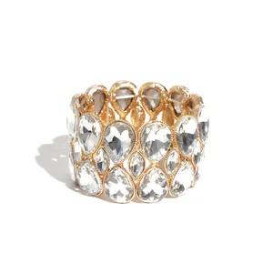 Elegant luxurious gold-tone teardrop crystal elastic bracelet for women's jewelry