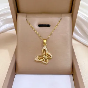 Titanium Steel Gold Plated Butterfly Pendant Necklace Luxury Rhinestone Inlaid Clavicle Chain For Women Elegant Jewelry Gift