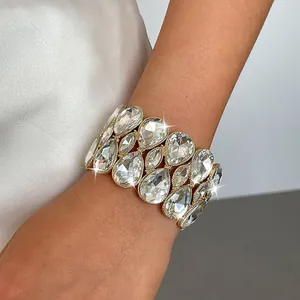 Close-up of double-layer teardrop rhinestone elastic bracelet with sparkling crystals