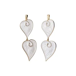 Vintage Gold White Heart Leaf Dangle Earrings For Women Alloy Enamel Drop Earrings With 925 Sterling Silver Earring Post Elegant Jewelry