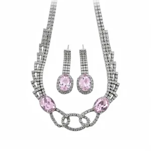 French Vintage Copper Rhinestone Oval Pendant Necklace And Earrings Fashion Silver Color Jewelry For Women Banquet Party