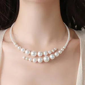 French Vintage Double Layer Irregular Cross Artificial Pearl Necklace For Women Alloy Choker Necklace Elegant Retro Daily Jewelry