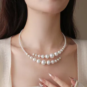 French vintage irregular crossover pearl necklace choker for elegant women's wear