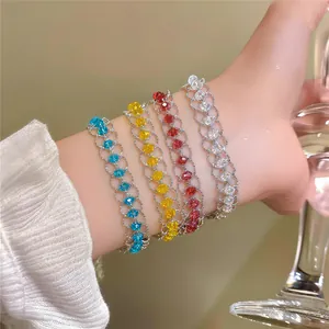 Braccialetto a Maglia Rotonda con Perline di Vetro Retro Francese per Donna Design Minimalista Placcato Argento Gioielli Eleganti